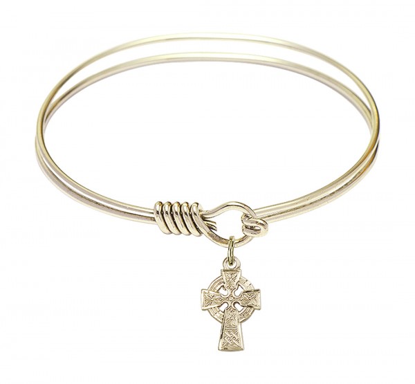Smooth Bangle Bracelet with a Celtic Cross Charm - Gold