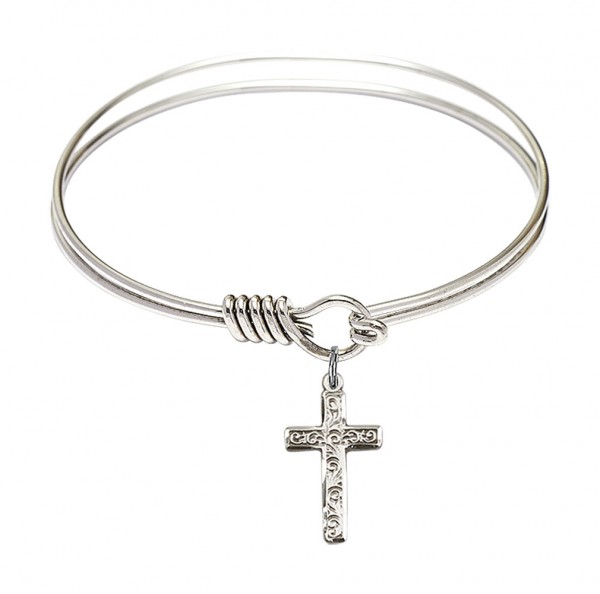 Smooth Bangle Bracelet with a Cross Charm - Silver