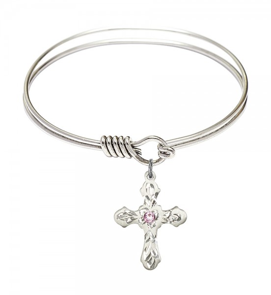 Smooth Bangle Bracelet with a Cross Charm - Light Amethyst
