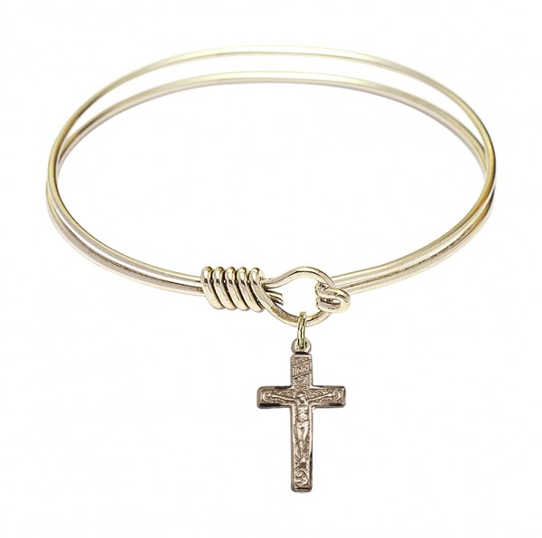 Smooth Bangle Bracelet with a Crucifix Charm - Gold