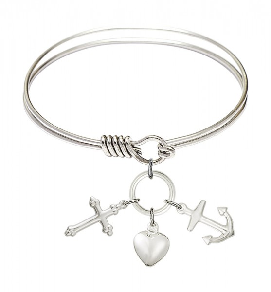 Smooth Bangle Bracelet with a Faith, Hope &amp; Charity Charm - Silver