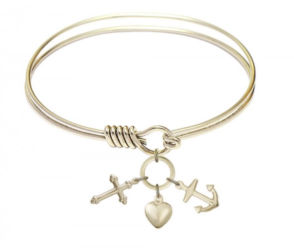 Smooth Bangle Bracelet with a Faith, Hope &amp; Charity Charm - Gold