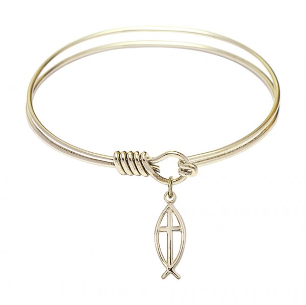 Smooth Bangle Bracelet with a Fish Cross Charm - Gold