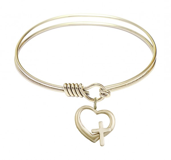 Smooth Bangle Bracelet with a Heart and Cross Charm - Gold