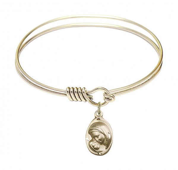 Smooth Bangle Bracelet with a Madonna &amp; Child Charm - Gold