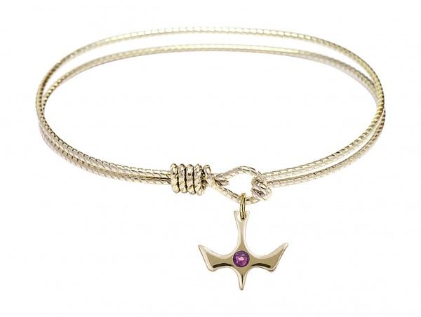 Cable Bangle Bracelet with a Petite Holy Spirit Charm and Birthstone - Amethyst