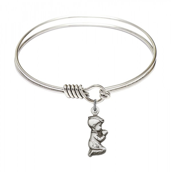 Smooth Bangle Bracelet with a Praying Boy Charm - Silver
