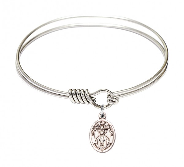 Smooth Bangle Bracelet with a Saint Andrew Kim Taegon Charm - Silver