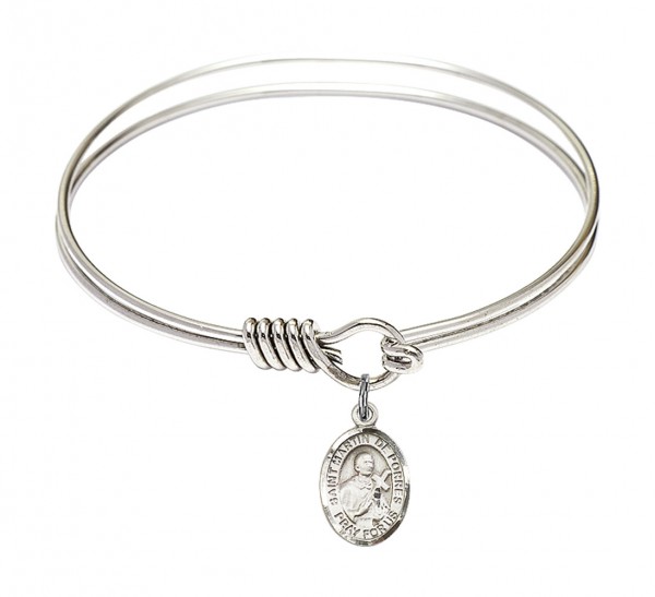 Smooth Bangle Bracelet with a Saint Martin de Porres Charm - Silver