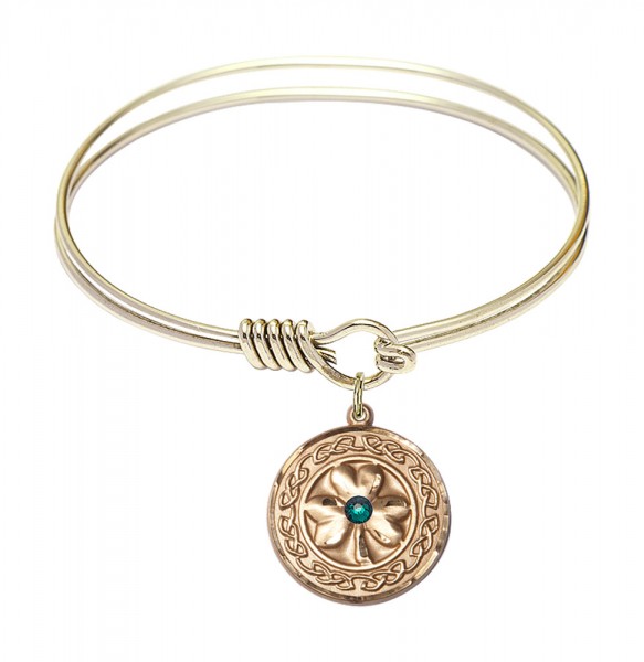 Smooth Bangle Bracelet with a Shamrock with Celtic Border Charm - Green|Gold