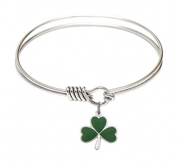 Smooth Bangle Bracelet with a Shamrock Charm - Silver