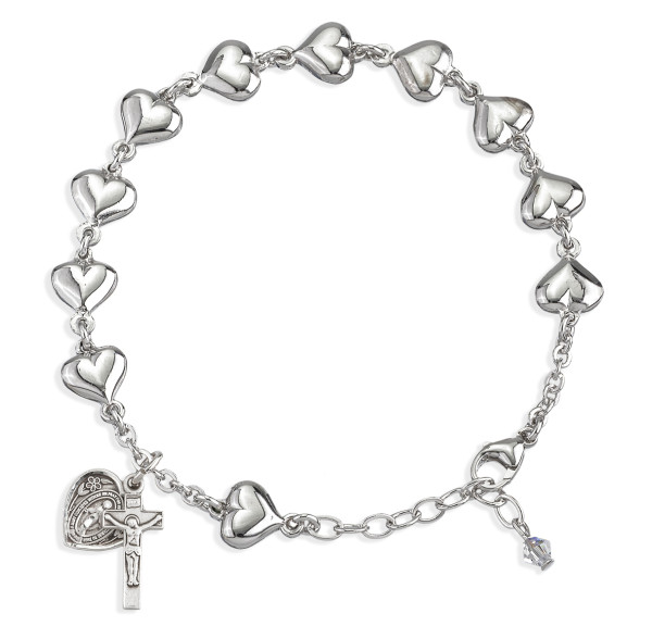 Solid Heart Shaped Sterling Silver Rosary Bracelet 8mm - Sterling Silver