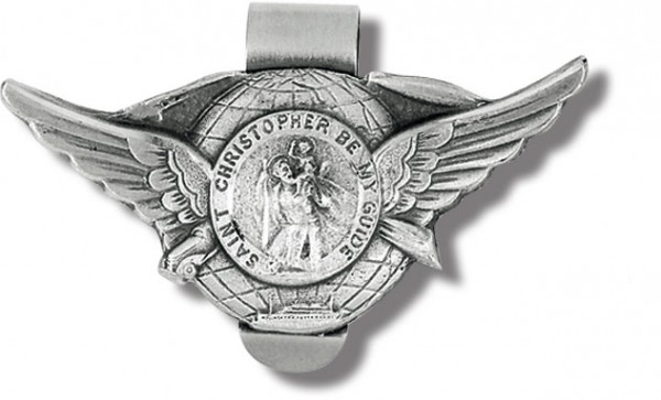St. Christopher Visor Clip with Wings and Globe -  3 per order - Antique Silver