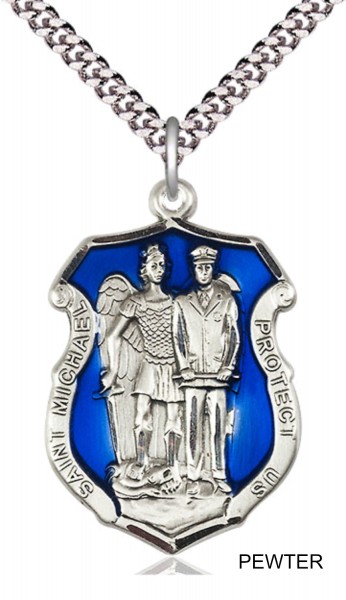 St. Michael and Police Shield Blue Epoxy Necklace - Pewter