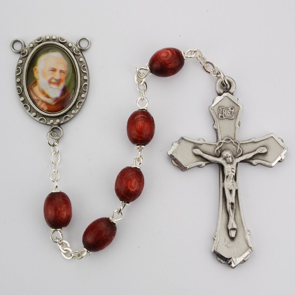 St. Padre Pio Brown Wood Rosary - Brown