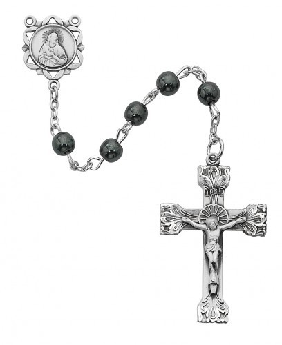 Sterling Silver 6mm Genuine Hematite Rosary - Silver