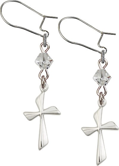 Sterling Silver Cross 'Crystal Bead' Earrings - Sterling Silver