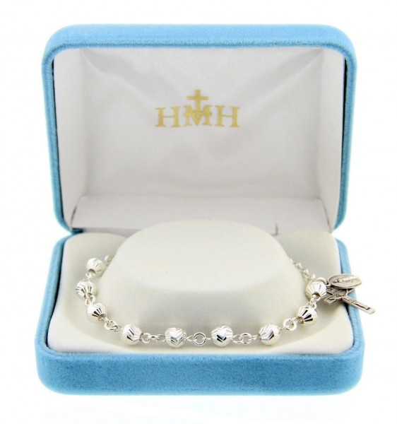 Sterling Silver Diamond Cut Rosary Bracelet 5mm - Sterling Silver