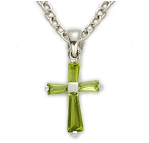 Baby's Birthstone Baguette Cross Necklace - Peridot