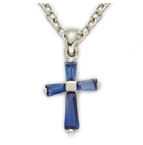 Baby's Birthstone Baguette Cross Necklace - Sapphire