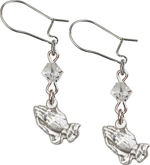 Sterling Silver Praying Hands 'Crystal Bead' Earrings - Sterling Silver
