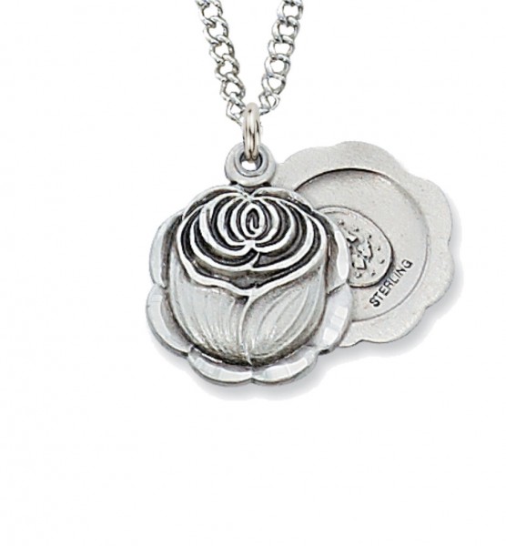 Women's Slide Necklace with Rosebud and Miraculous Medal - Silver