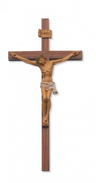 Walnut Wall Cross with Italian Hand Painted Corpus 12 Inch  - Multi-Color
