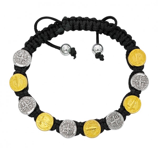 Women's Adjustable Black Corded Two-Tone St. Benedict Bracelet - Black | Silver