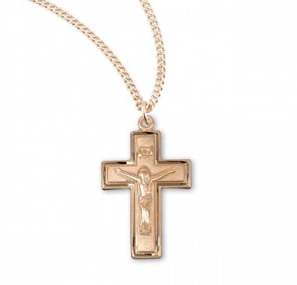 Petite Block Style Crucifix Medal Sterling Silver - Gold Plated