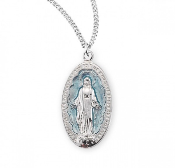 Women's Elongated Blue Enamel Miraculous Medal - Sterling Silver