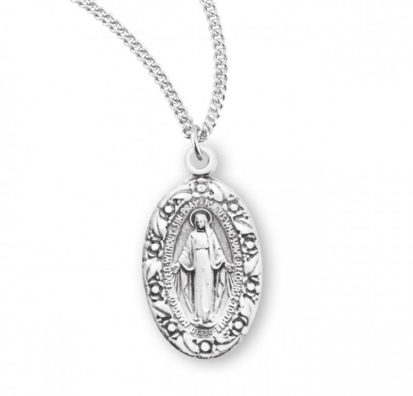 Women's Flower Border Oval Miraculous Medal - Sterling Silver