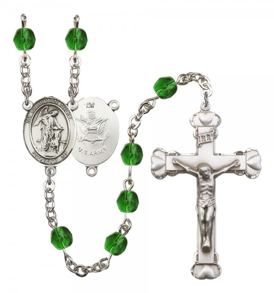 Women's Guardian Angel Army Birthstone Rosary - Emerald Green