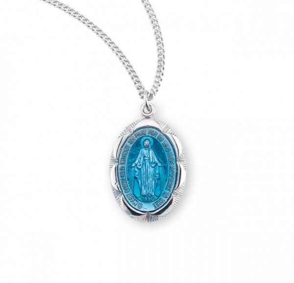 Women's Lined Scalloped Border Miraculous Medal - Silver | Blue