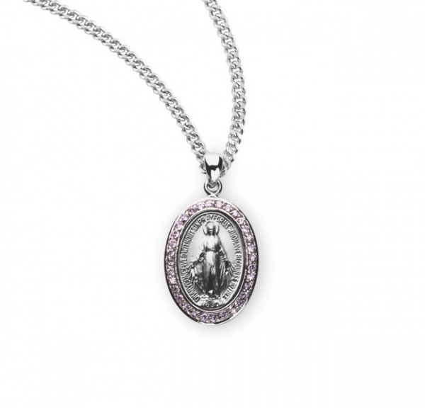 Women's Oval Cubic Zirconia Studded Miraculous Medal - Pink