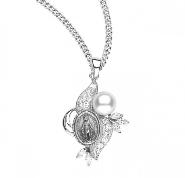 Women's Pearl and Cubic Zirconia Miraculous Medal - Sterling Silver