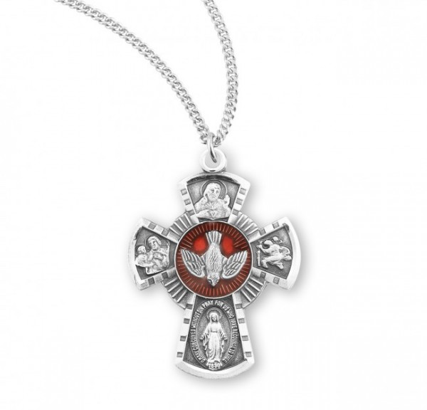 Women's Red Enamel 4 Way Cross Sterling Silver Pendant - Silver | Red