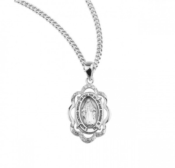 Women's Scallop Border Cubic Zirconia Miraculous Medal - Sterling Silver