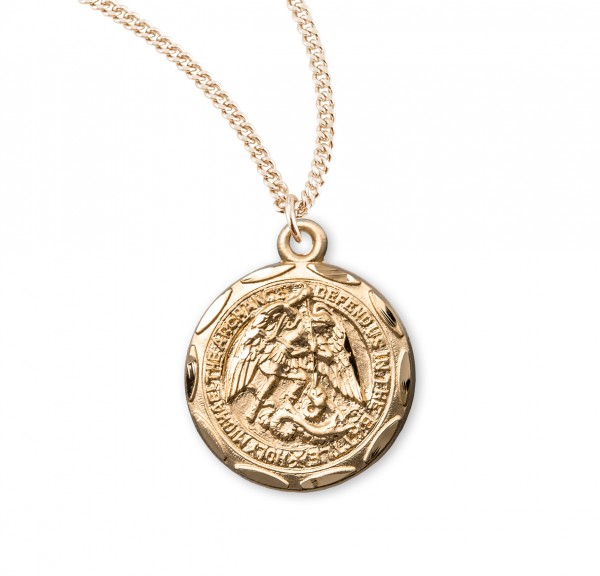 Women's Scalloped Edge Round Saint Michael Medal - Gold Plated
