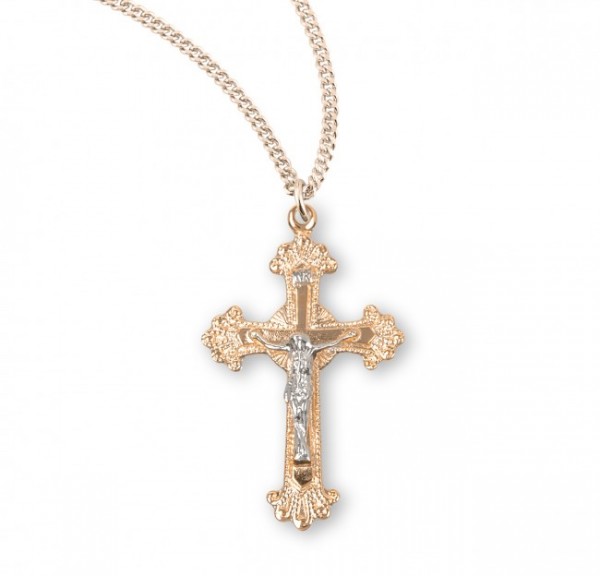 Women's Shiny Frayed Tip Crucifix Medal Two Tone - Two-Tone Gold