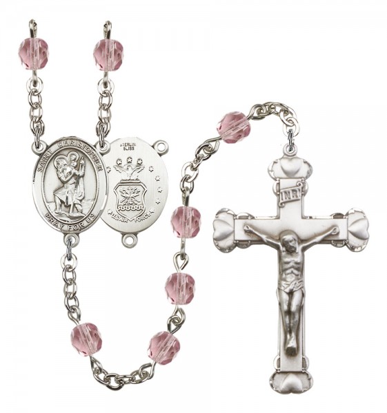 Women's St. Christopher Air Force Birthstone Rosary - Light Amethyst