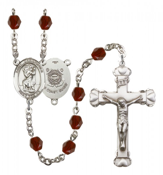 Women's St. Christopher Coast Guard Birthstone Rosary - Garnet