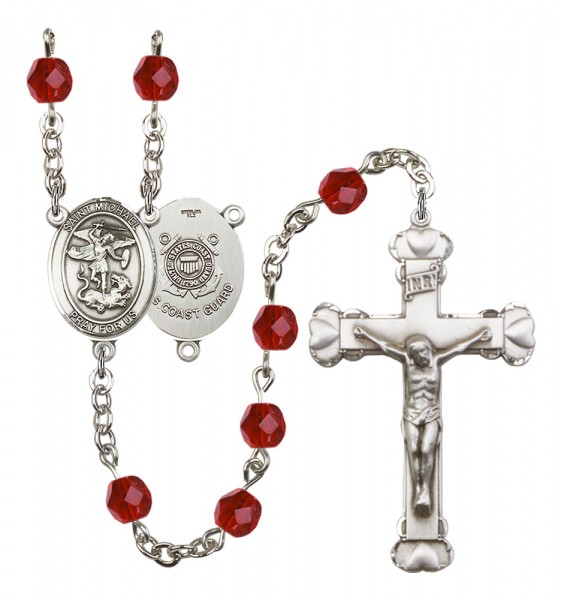 Women's St. Michael Coast Guard Birthstone Rosary - Ruby Red