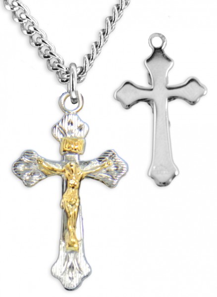 Women's Budded Tip Crucifix Pendant High Polish - Two-Tone Silver