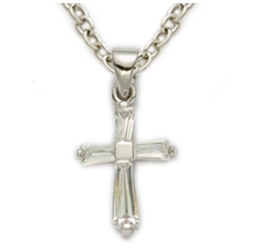 Youth Birthstone Baguette Cross Necklace - Crystal