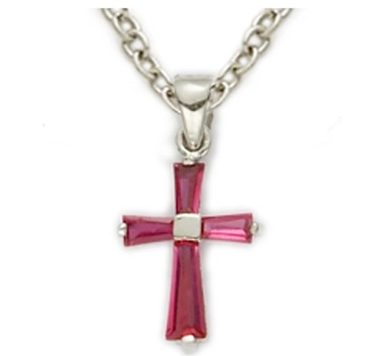 Youth Birthstone Baguette Cross Necklace - Ruby Red