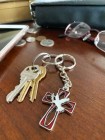 Keyring Cross with Red and White Enamel with Dove