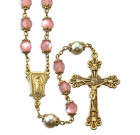Light Rose Cats Eye Glass Double Capped Beads with Solid Brass Crucifix and Center