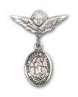 Pin Badge with St. Isidore the Farmer Charm and Angel with Smaller Wings Badge Pin