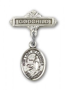Baby Badge with Our Lady of Lourdes Charm and Godchild Badge Pin [BLBP1887]