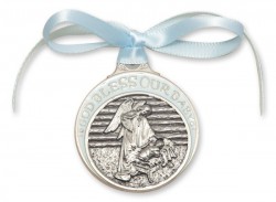 Boy's Blue Ribbon Angel in Manger Crib Medal in Pewter [BLCRB001]